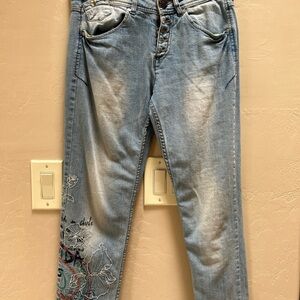 Desigual Jeans Womens Blue Embroidered La Vidas Chula Boyfriend Mid Rise Size 26